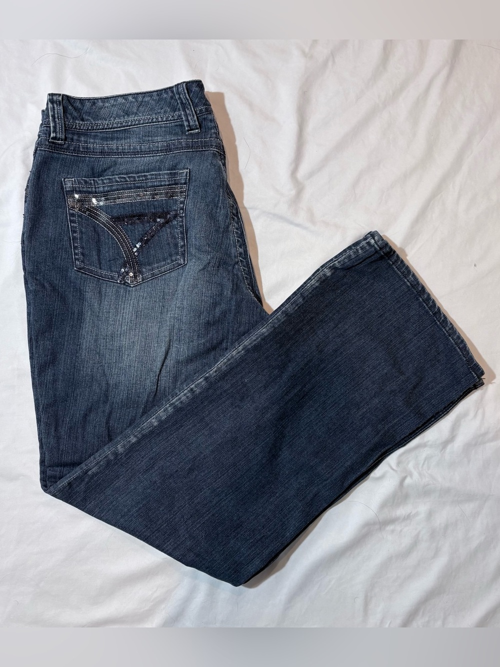 Seven7 Dark Blue Straight Leg Jeans with Sequin Back Pocket